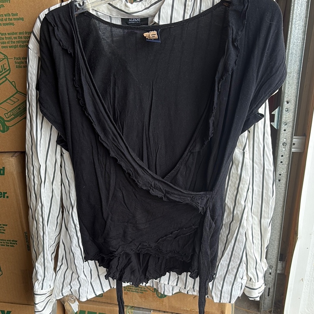 GAP Black and White Wrap Blouse with Tie Front